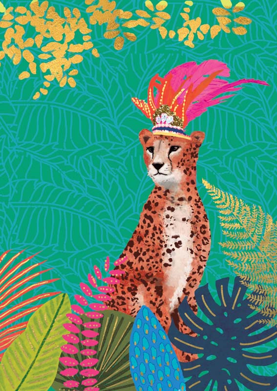 Vibrant greetings card with regal cheetah wearing crown surrounded by lush tropical leaves. Elegance and sophistication for animal lovers.