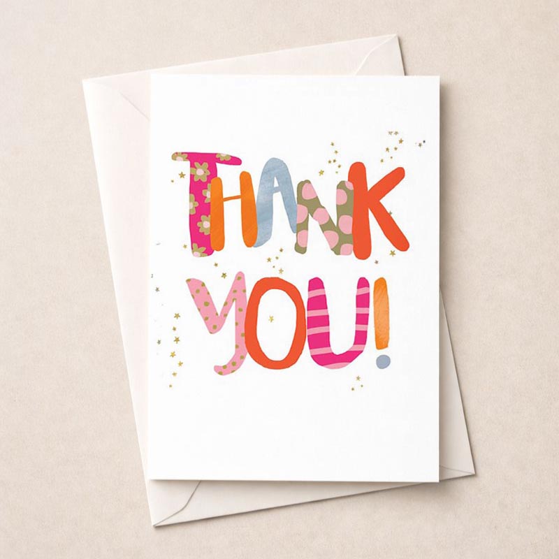 Bright and colourful thank you card with bold "thank" in the middle, perfect for showing appreciation in a fun and cheerful way.