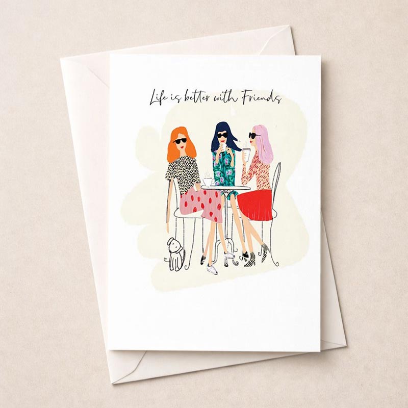 A heartwarming greetings card featuring three women and a dog, radiating comfort and joy. Perfect for special friends who bring laughter and love to your life.