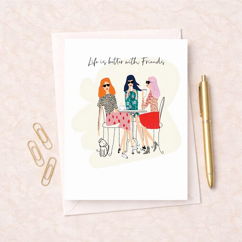 A heartwarming greetings card featuring three women and a dog, radiating comfort and joy. Perfect for special friends who bring laughter and love to your life.