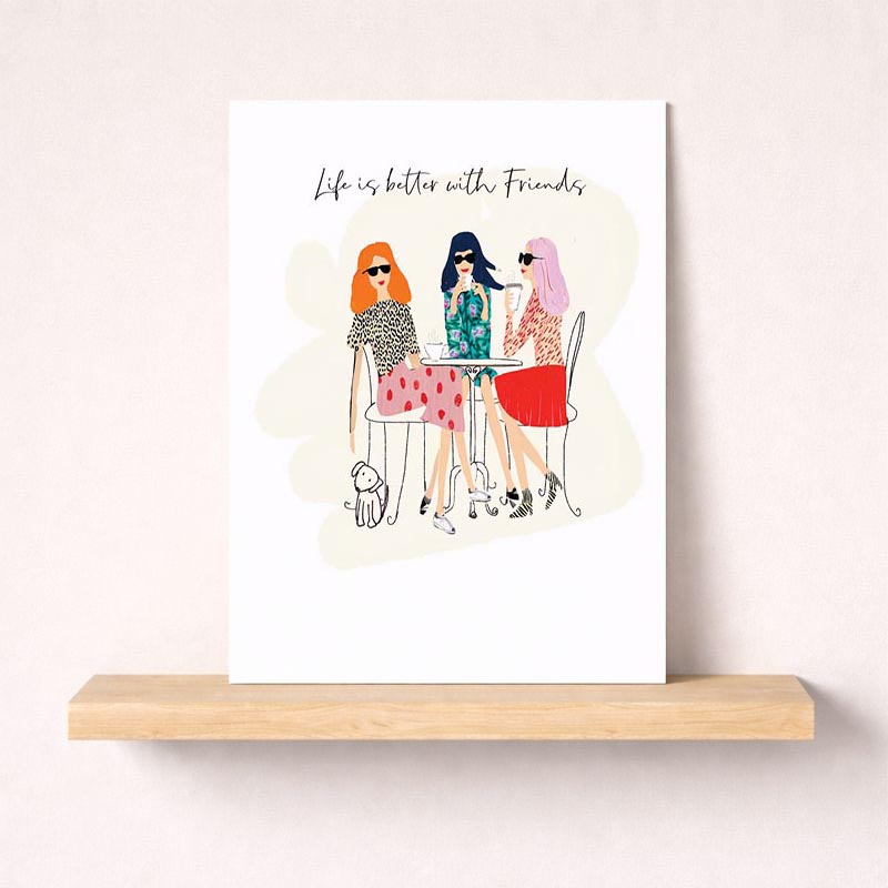 A heartwarming greetings card featuring three women and a dog, radiating comfort and joy. Perfect for special friends who bring laughter and love to your life.