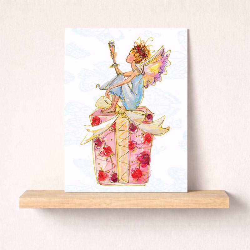 Enchanting greetings card with fairy on gift box. Perfect for birthdays, thank yous, or spreading joy. Ideal for friends and family.