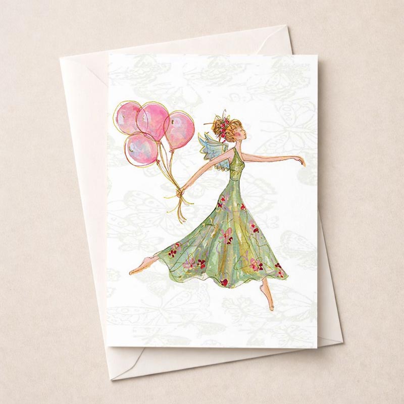 Charming greetings card with woman holding colourful balloons, perfect for spreading joy and positivity.