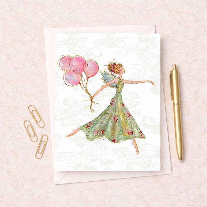 Charming greetings card with woman holding colourful balloons, perfect for spreading joy and positivity.