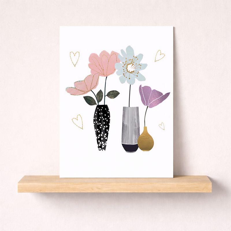 Cheerful greetings card with three vases of flowers - perfect for brightening someone's day. Spread some love!