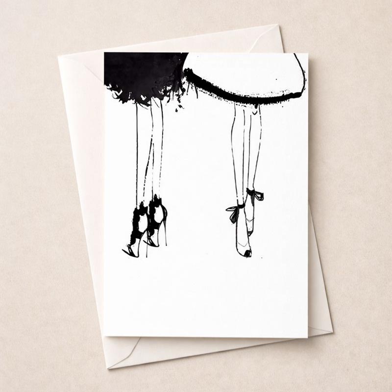 Whimsical greetings card with woman's legs hanging from umbrella, perfect for spreading joy and positivity.