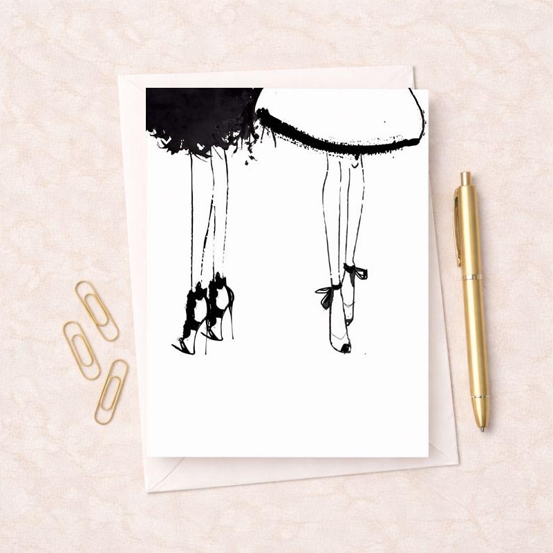 Whimsical greetings card with woman's legs hanging from umbrella, perfect for spreading joy and positivity.