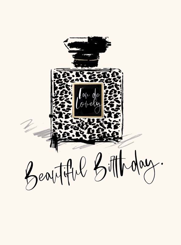 Chic black and white birthday card with perfume bottle and leopard print for fashion-forward friends.