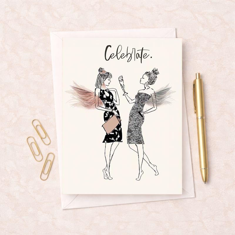 Chic card with two elegant ladies clinking wine glasses, radiating celebration and friendship vibes. Ideal for special occasions with your bestie.