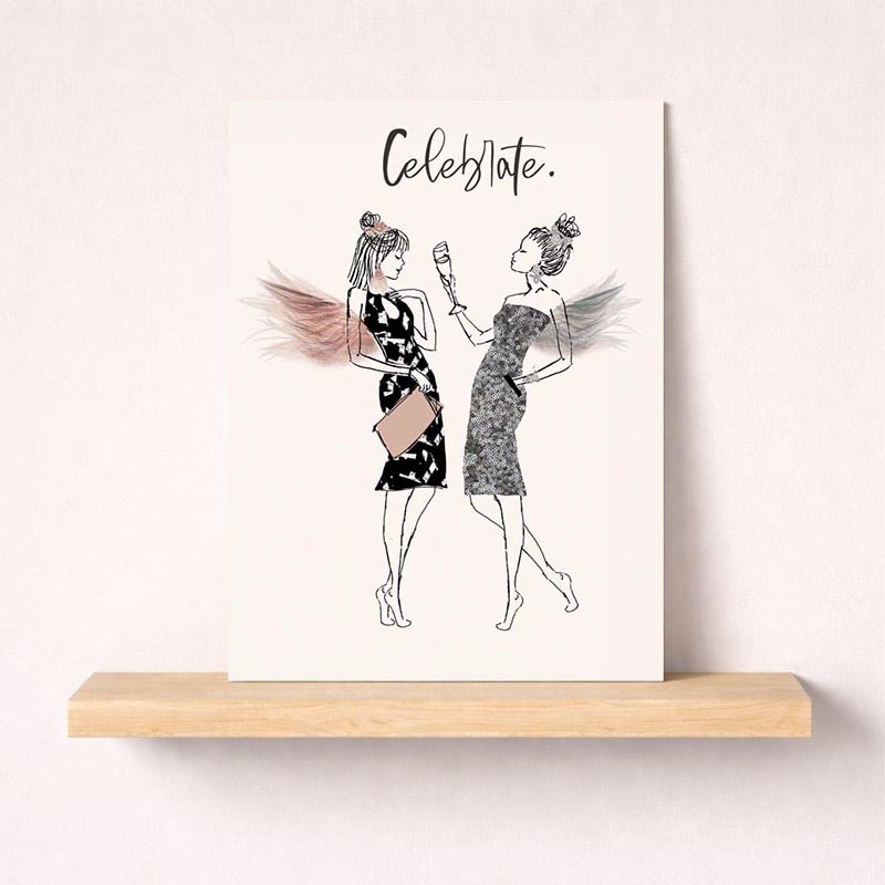 Chic card with two elegant ladies clinking wine glasses, radiating celebration and friendship vibes. Ideal for special occasions with your bestie.