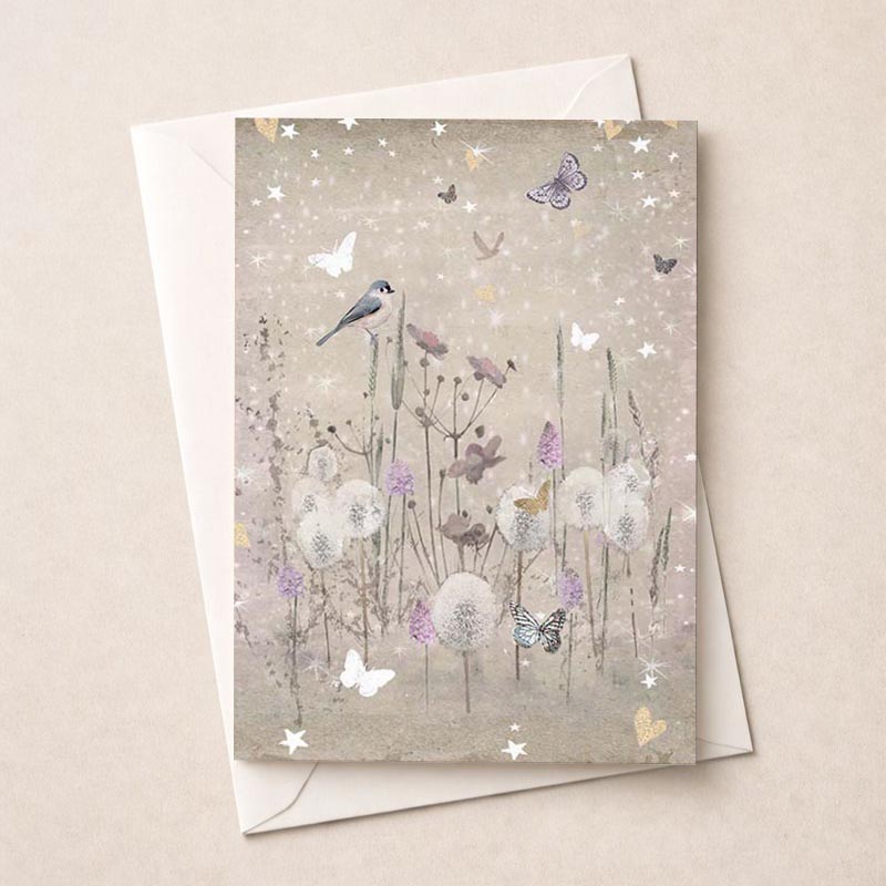 Charming greetings card with bird, flowers, and butterflies - perfect for nature lovers or art enthusiasts.