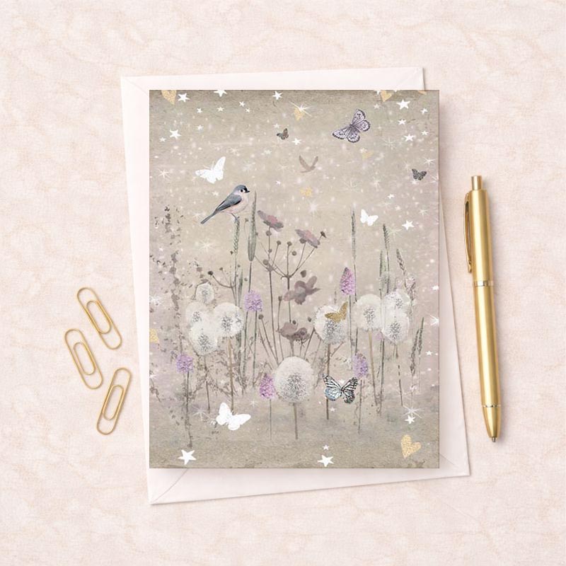 Charming greetings card with bird, flowers, and butterflies - perfect for nature lovers or art enthusiasts.