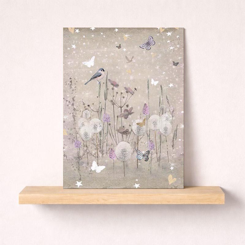 Charming greetings card with bird, flowers, and butterflies - perfect for nature lovers or art enthusiasts.