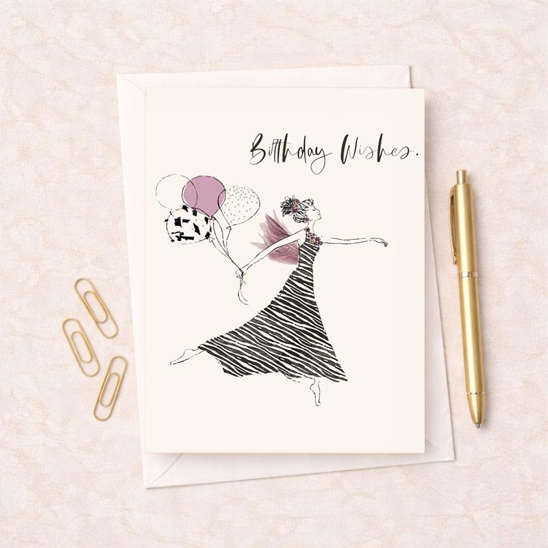 Stylish birthday greetings card with lady in dress, balloons, and butterfly detail. Perfect for fashion lovers who enjoy a touch of elegance and joy on their special day.