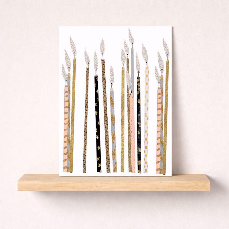 Charming gold and pink candle design greetings card, perfect for birthdays and special occasions. Warm and sophisticated.
