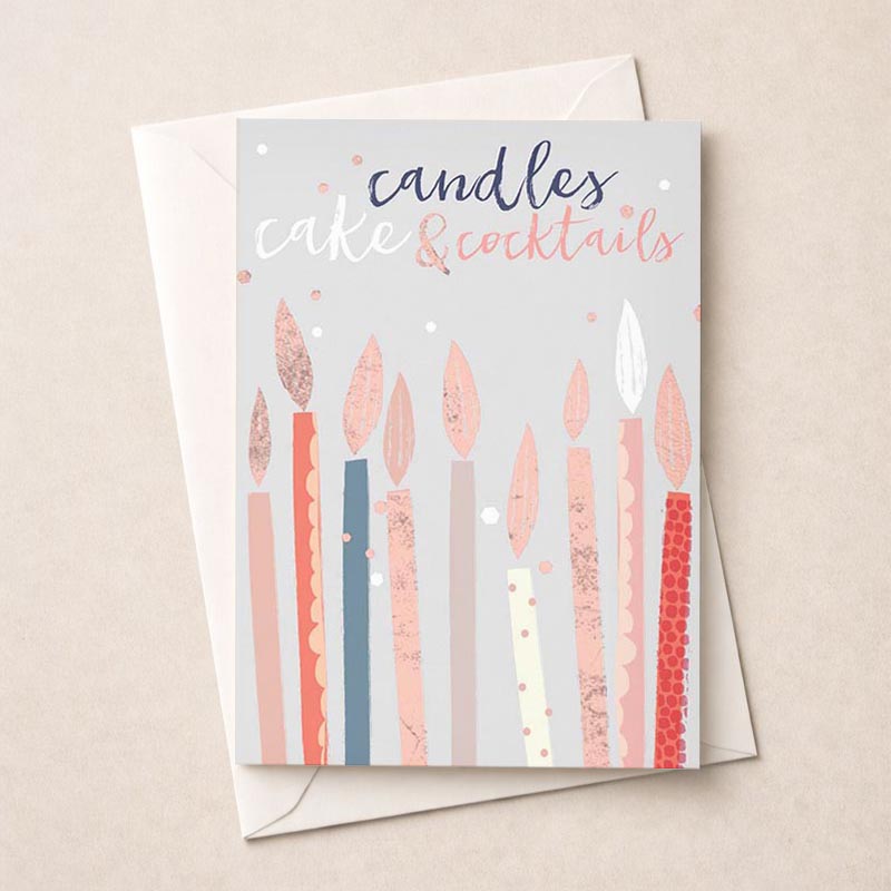 Charming birthday card with vibrant candles and heartfelt quote on pink and grey background. Ideal for spreading joy and good wishes.