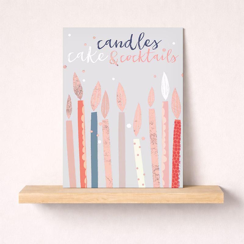 Charming birthday card with vibrant candles and heartfelt quote on pink and grey background. Ideal for spreading joy and good wishes.