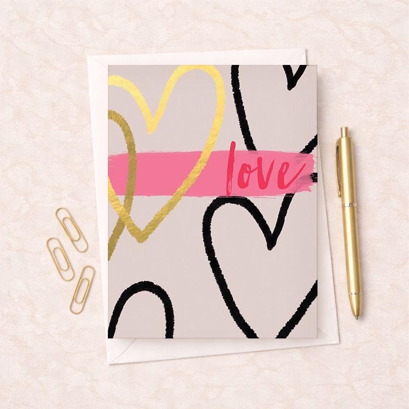 A greetings card with hearts, pink strip, pink, gold, and black colours. Perfect for someone special.