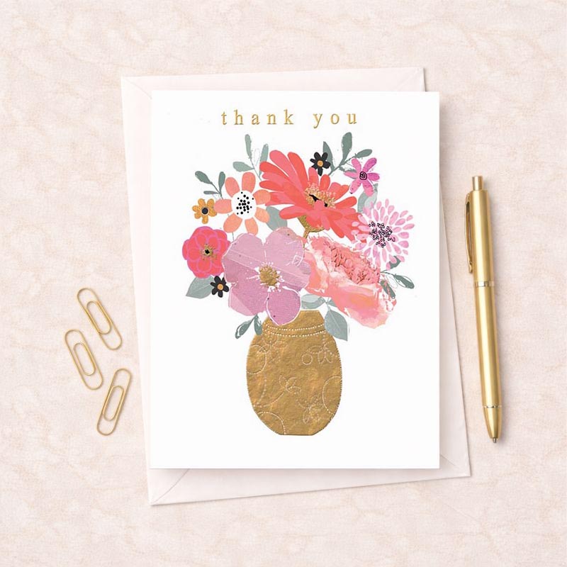 Elegant greetings card with vase of flowers, perfect for saying thank you. Gold accents add luxury. Ideal for any special occasion. Brighten someone's day.
