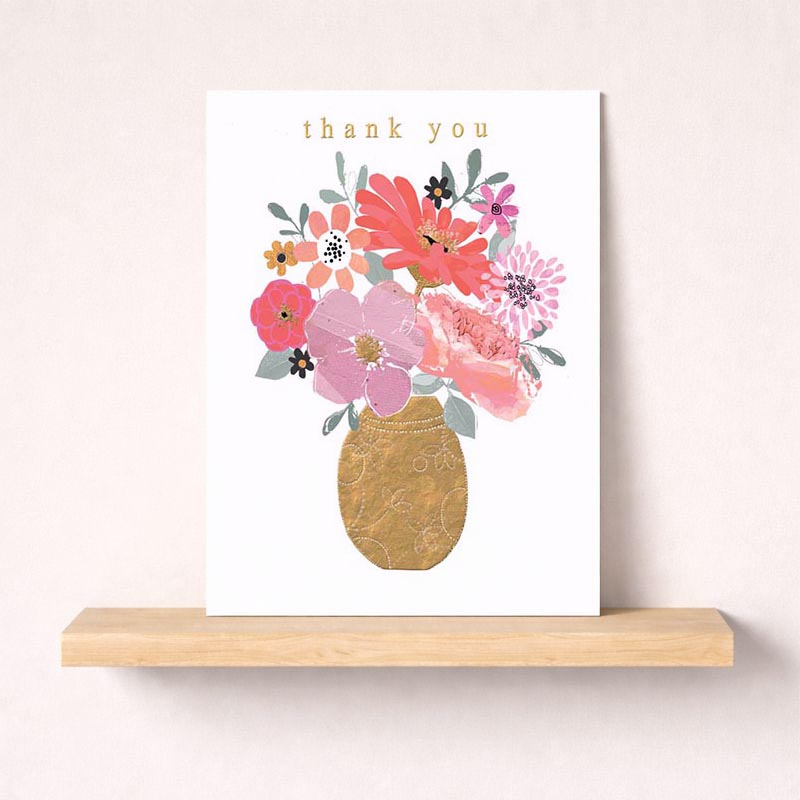 Elegant greetings card with vase of flowers, perfect for saying thank you. Gold accents add luxury. Ideal for any special occasion. Brighten someone's day.