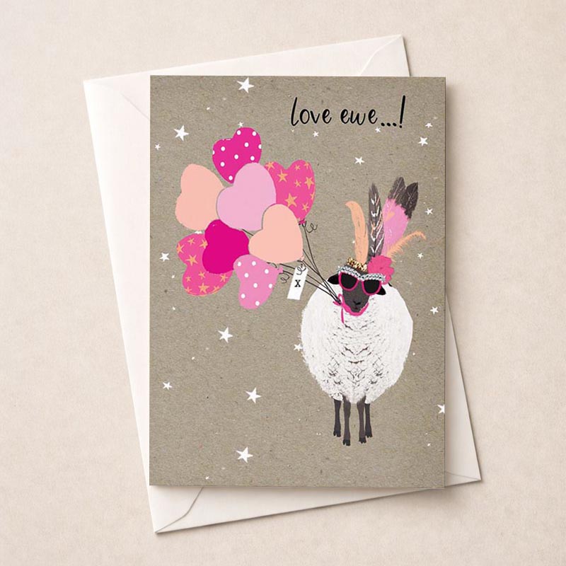 Cheerful greetings card with sheep in sunglasses and balloons, perfect for spreading joy and love.
