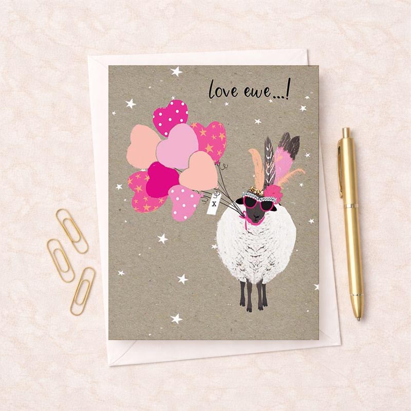 Cheerful greetings card with sheep in sunglasses and balloons, perfect for spreading joy and love.