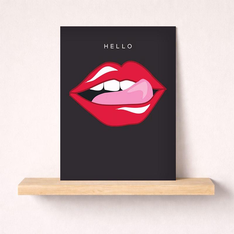 Bright and fun greetings card with red lips design and "hello" text. Perfect for spreading joy!