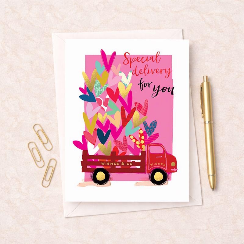 Cute pink truck with hearts, "Special Delivery for You" message. Perfect for spreading love and cheer!