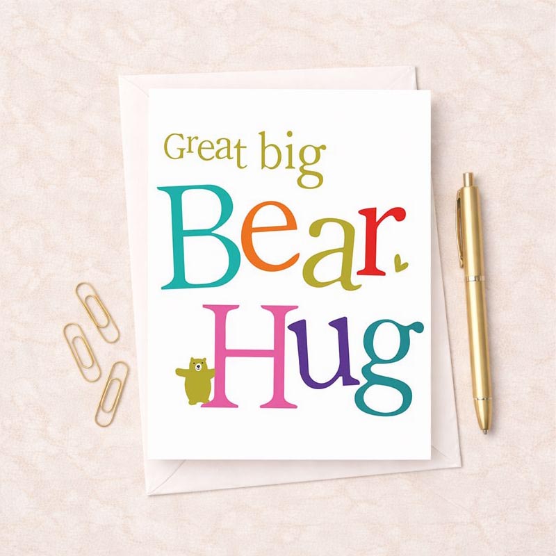 Cute bear hug card with "Great Big Bear Hug" text in vibrant colours; perfect for sending love to a special someone.