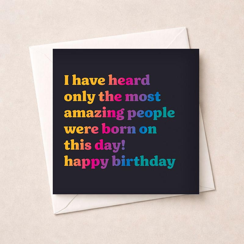 Colorful birthday card with message "Amazing people born on this day! Happy birthday." Perfect for celebrating someone special.