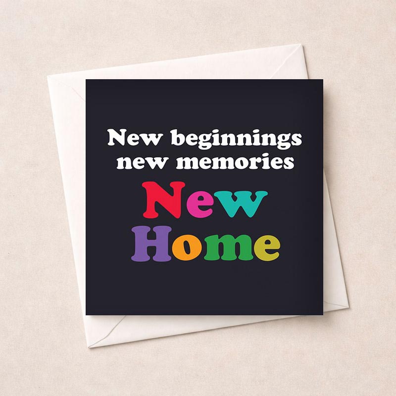 Vibrant greetings card with colorful text on black background: "New beginnings new memories". Perfect for celebrating new chapters and positive changes in life.