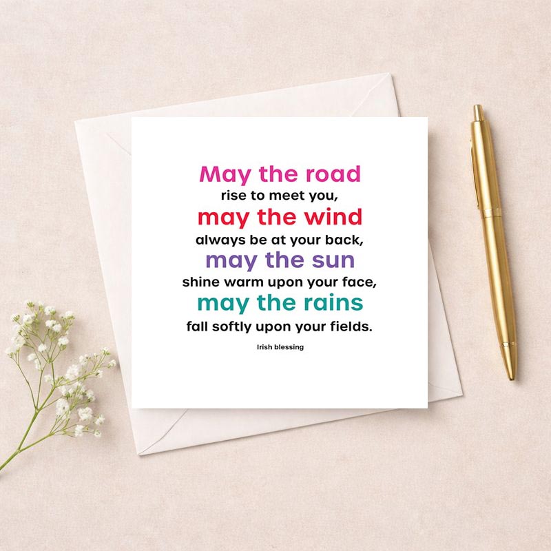 Bright, rainbow sky with Irish blessing quote on greetings card symbolizing new beginnings and hope.