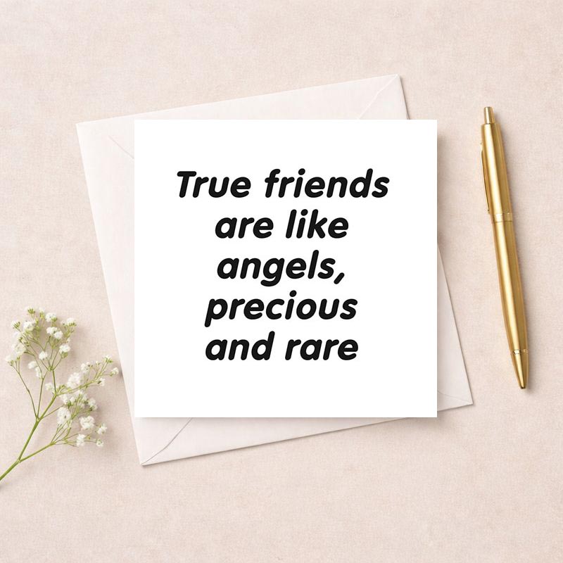 A heartfelt black and white card with "True friends are like angels, precious and rare". Perfect for expressing gratitude to a special friend.