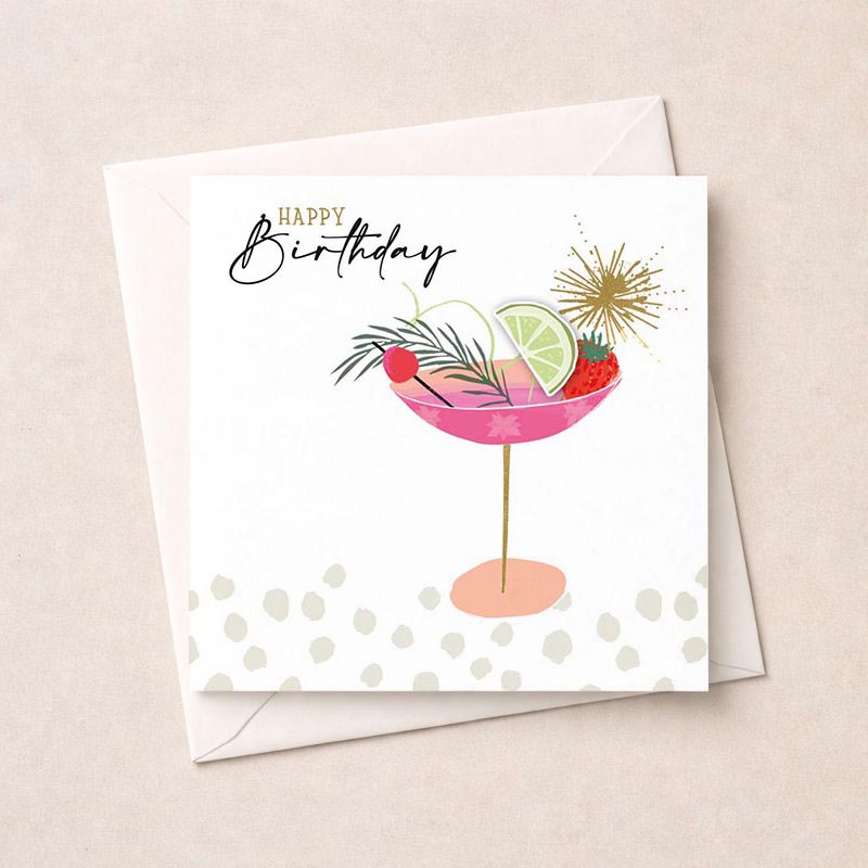 Bright pink cocktail glass with lime slice &amp; strawberries on birthday card. Festive &amp; fun, perfect for celebrations. Cheers to good times!