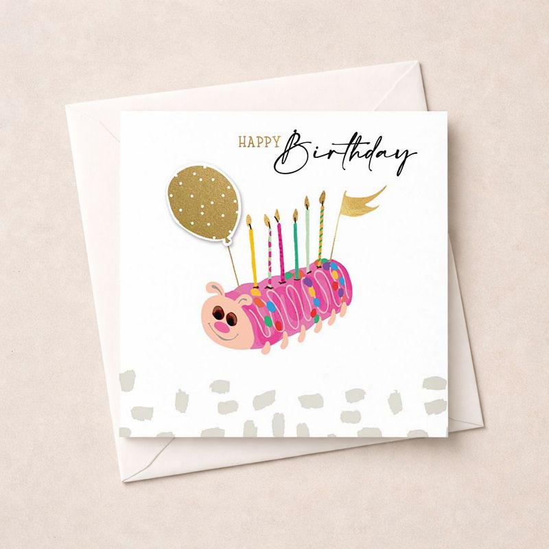 Bright and charming birthday card with caterpillar cake, balloons, and dog face. Perfect for spreading joy to all ages.