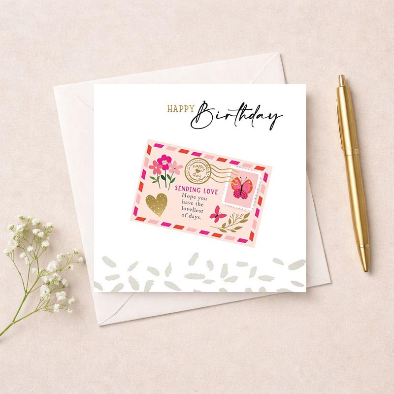 Pink birthday card with butterfly and flowers, ideal for sending warm wishes to someone special.
