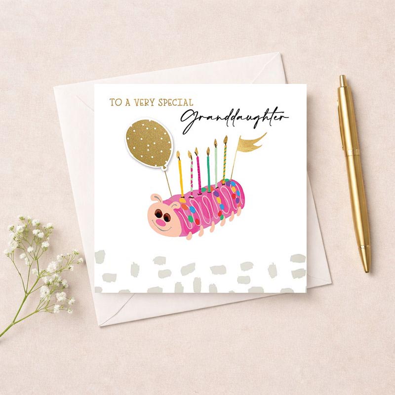 Brighten someone's birthday with a cute caterpillar cake and balloons greetings card. Ideal for sharing love with a granddaughter or loved one.