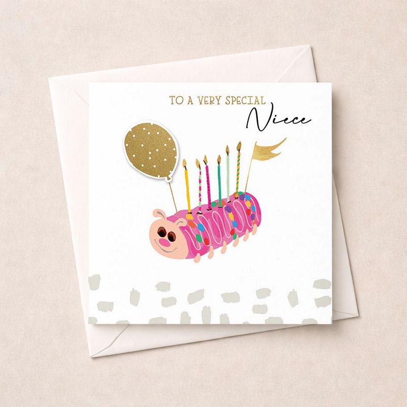 Sweet and whimsical niece birthday card with caterpillar cake and balloons. Perfect for showing love on her special day.