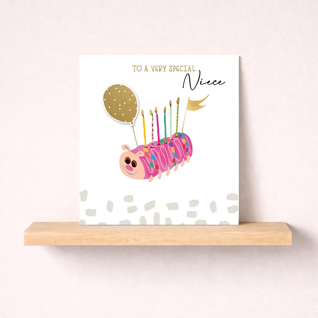 Sweet and whimsical niece birthday card with caterpillar cake and balloons. Perfect for showing love on her special day.