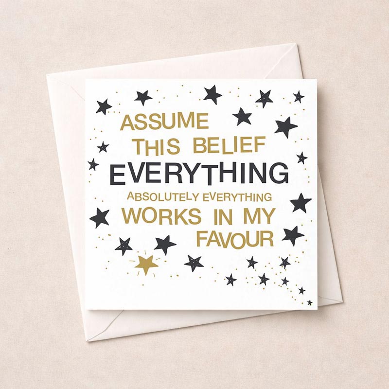 Elegant greetings card with Oscar Wilde quote on white background with black and gold logo. Spread inspiration and encouragement.