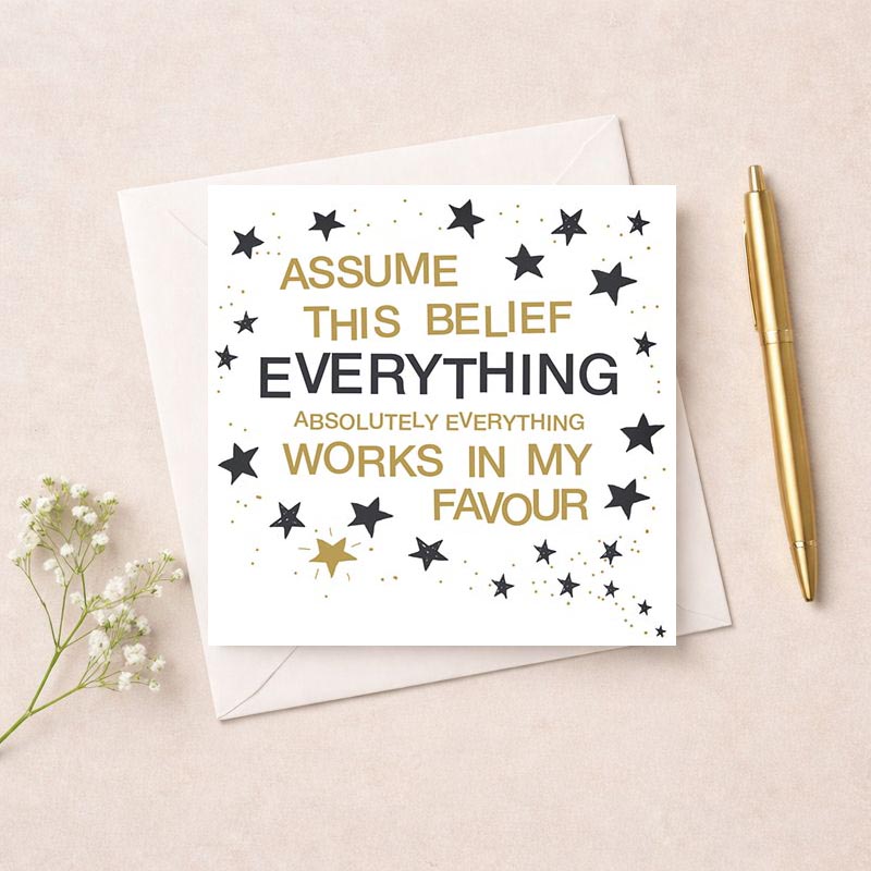 Elegant greetings card with Oscar Wilde quote on white background with black and gold logo. Spread inspiration and encouragement.