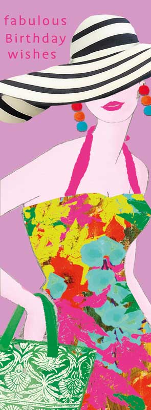 Charming greetings card featuring elegant woman in vibrant dress and hat. Perfect for spreading joy and style to loved ones.