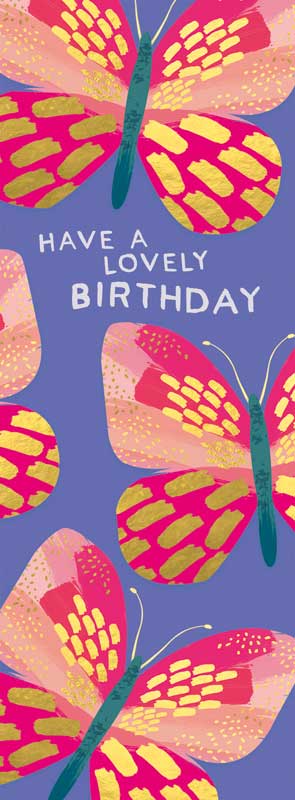 Colourful birthday card with pink butterfly on blue background, perfect for spreading joy to loved ones of all ages.