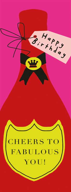 Vibrant greetings card with wine bottle &amp; festive tag, perfect for birthdays or congratulations. Spread joy &amp; cheer with this charming design.