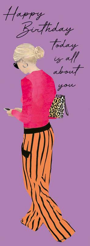 Stylish greetings card with woman in pink shirt, orange pants, and leopard print purse. Chic and eye-catching for fashion-forward friends and family.