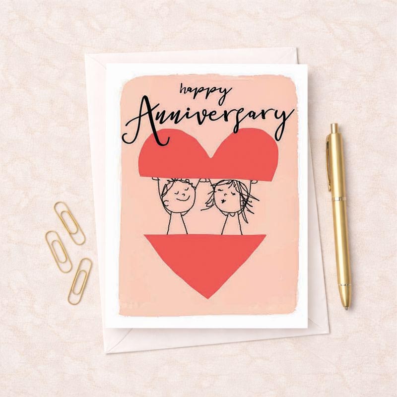 A sweet anniversary card with a couple holding a heart, perfect for expressing love and gratitude. Ideal for young and young-at-heart couples.