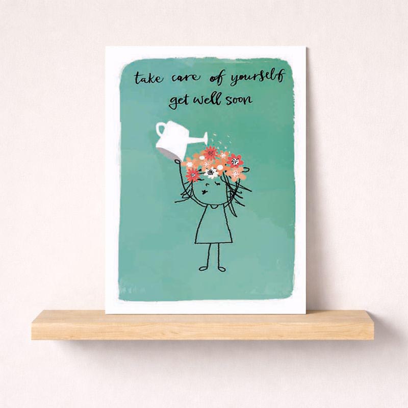 Get well soon card with girl watering flowers, conveying care and nurturing vibes.