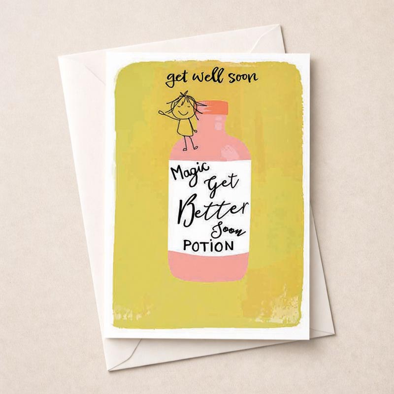 Cheerful greetings card with "get well soon Magic Get Better Potion" message and whimsical design. Brighten someone's day!