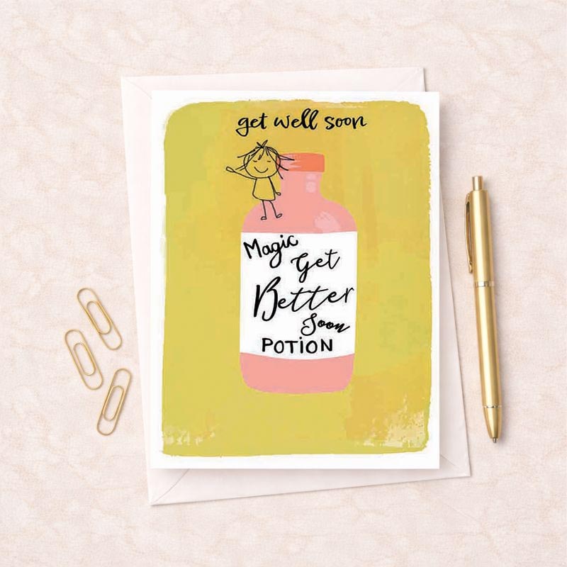 Cheerful greetings card with "get well soon Magic Get Better Potion" message and whimsical design. Brighten someone's day!