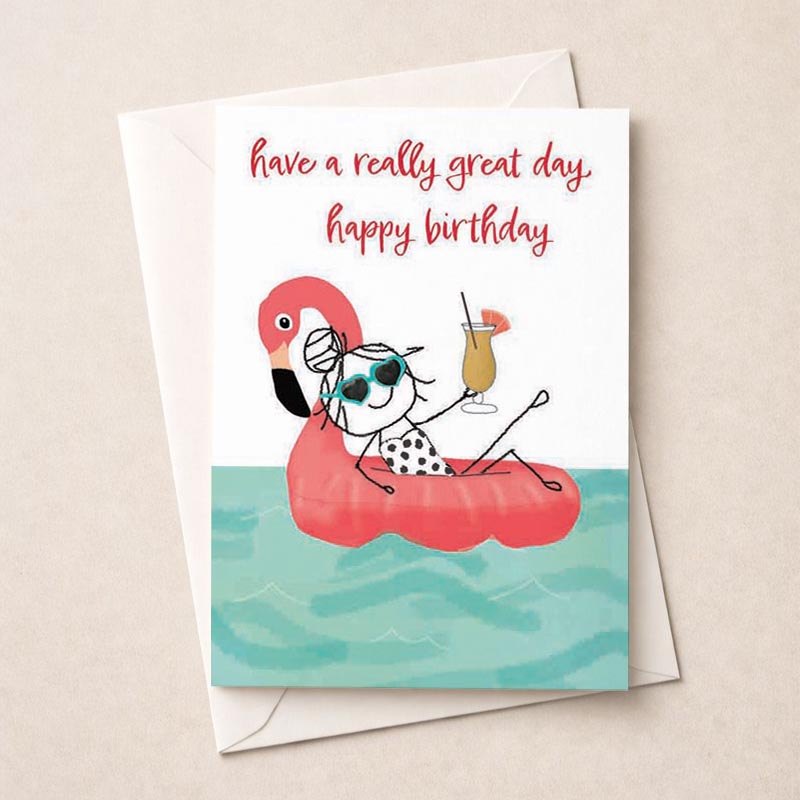 Bright and cheerful birthday card with a woman in a floatie and a flamingo, perfect for spreading joy on a special day.